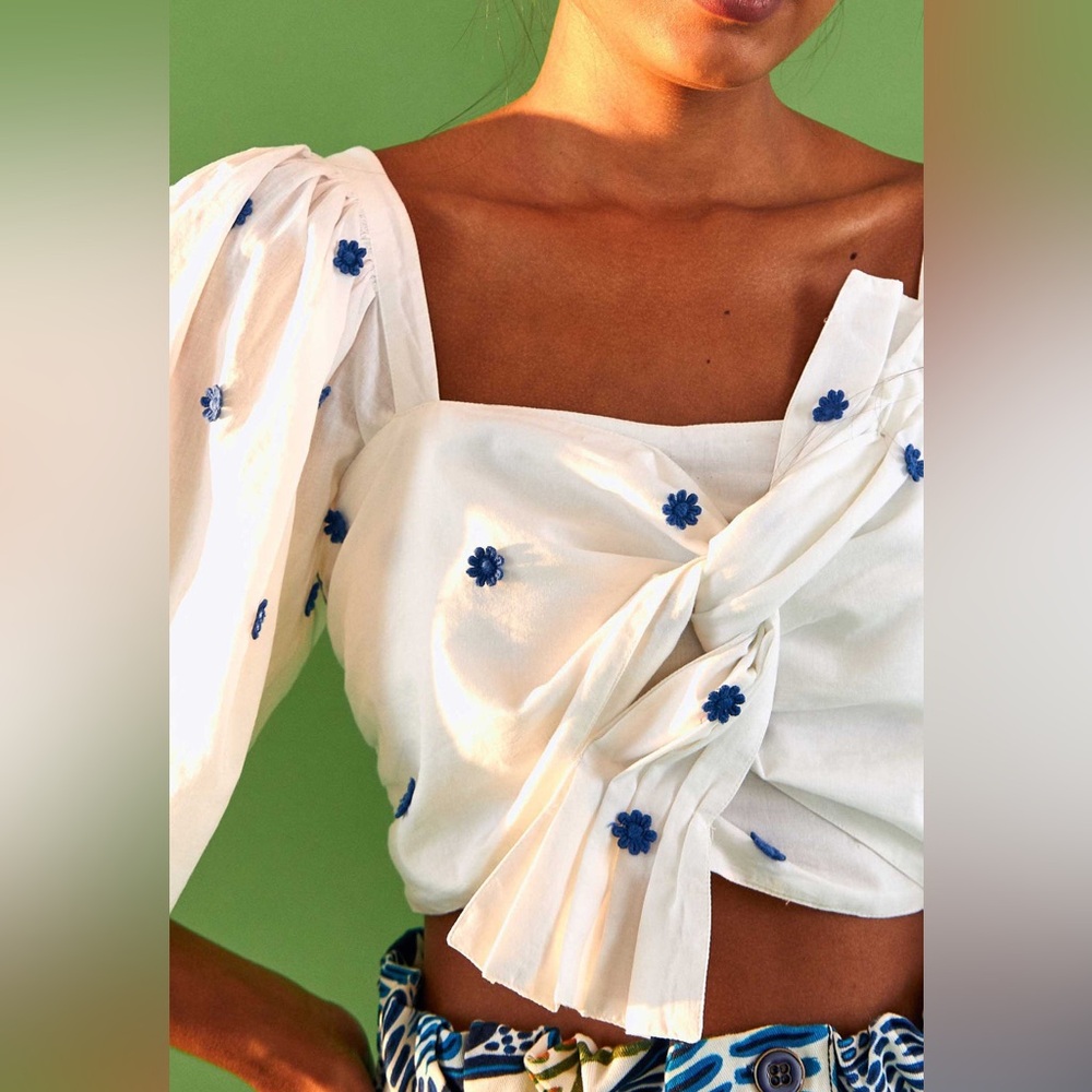 Farm Rio Size Small White & Blue Crop Top - Picture 2 of 5